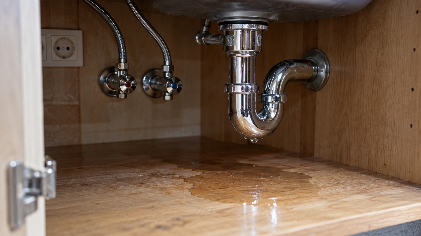 Mueble bajo fregadero con agua acumulada y una persona observando desde una distancia segura antes de tocar las conexiones