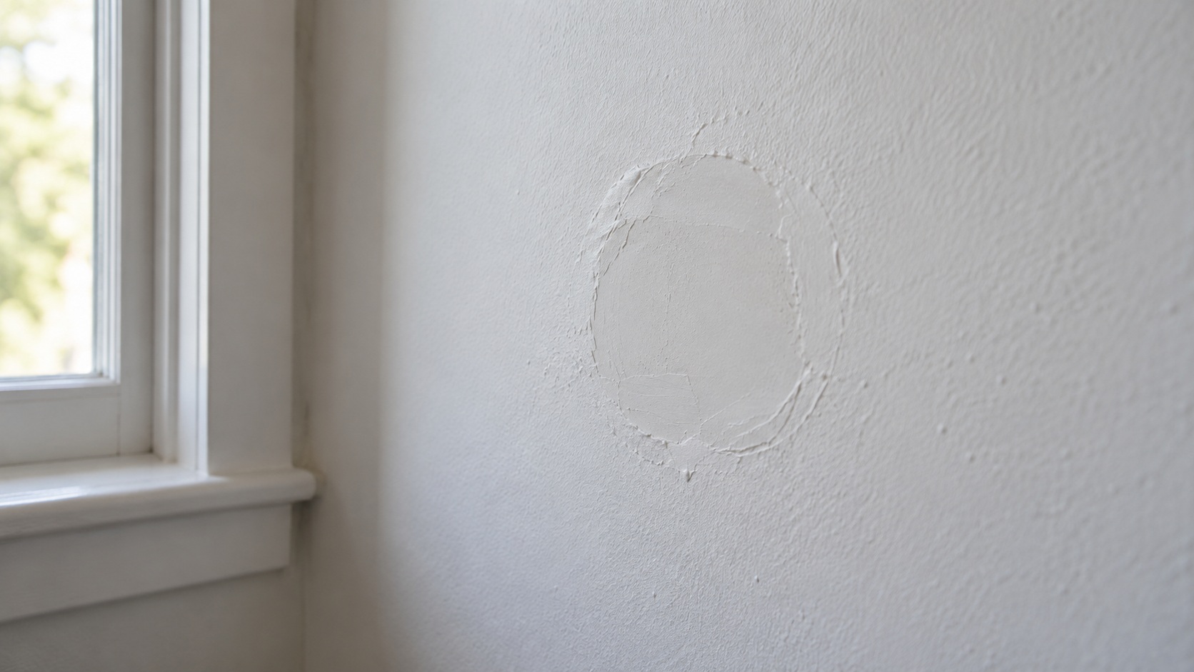 Pared seca junto al rodapié con un pequeño parche de masilla que vuelve a marcarse después de pintar, observado con luz lateral