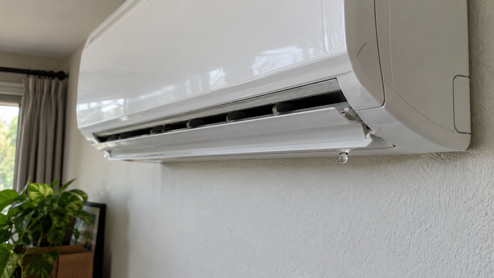 Gotas de agua bajo la unidad interior de aire acondicionado con el aparato apagado y sin contacto con enchufes