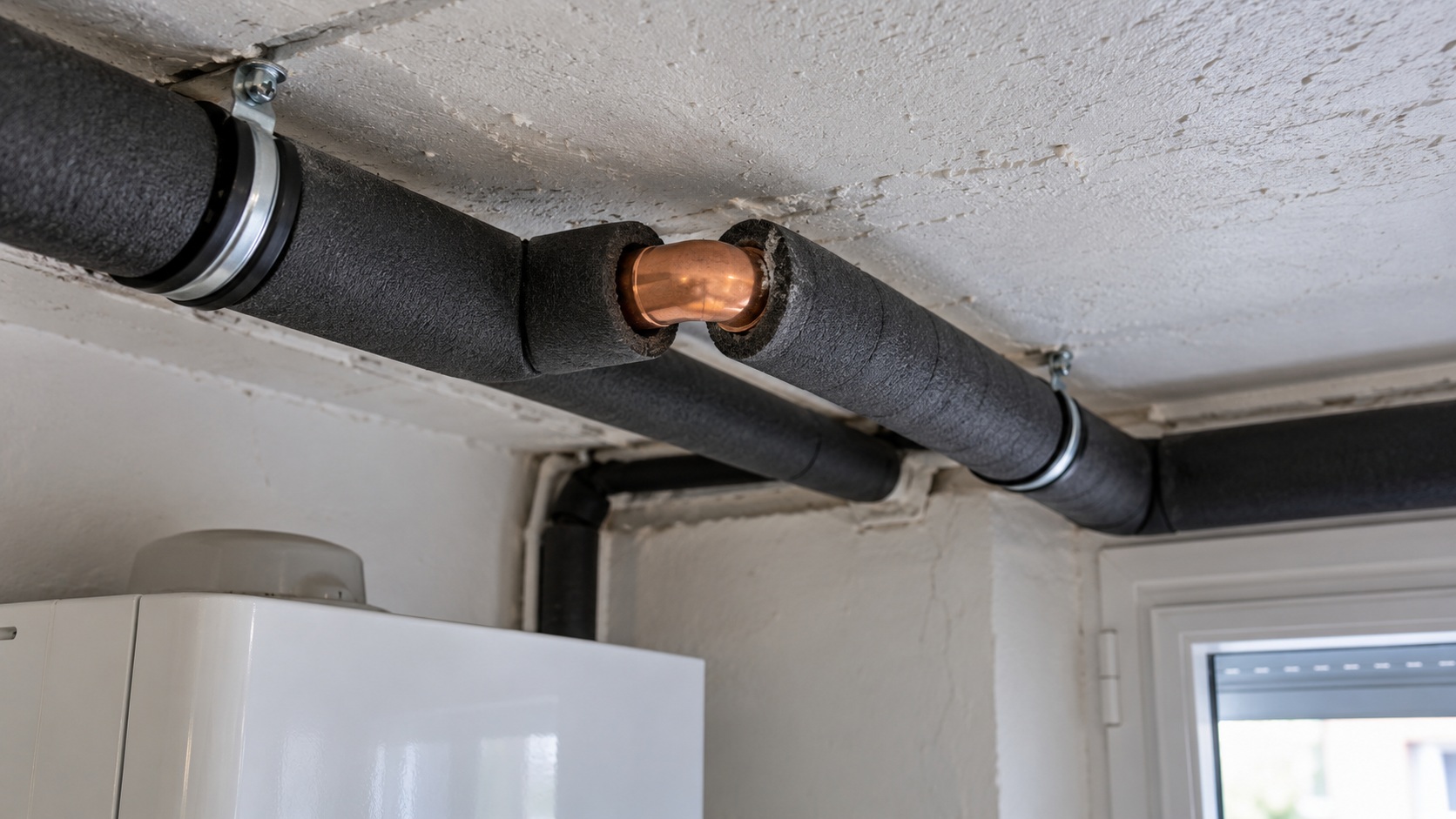 Manga aislante para tubería de calefacción cortada a medida alrededor de un codo, con uniones cerradas y válvula de servicio accesible en un garaje ventilado