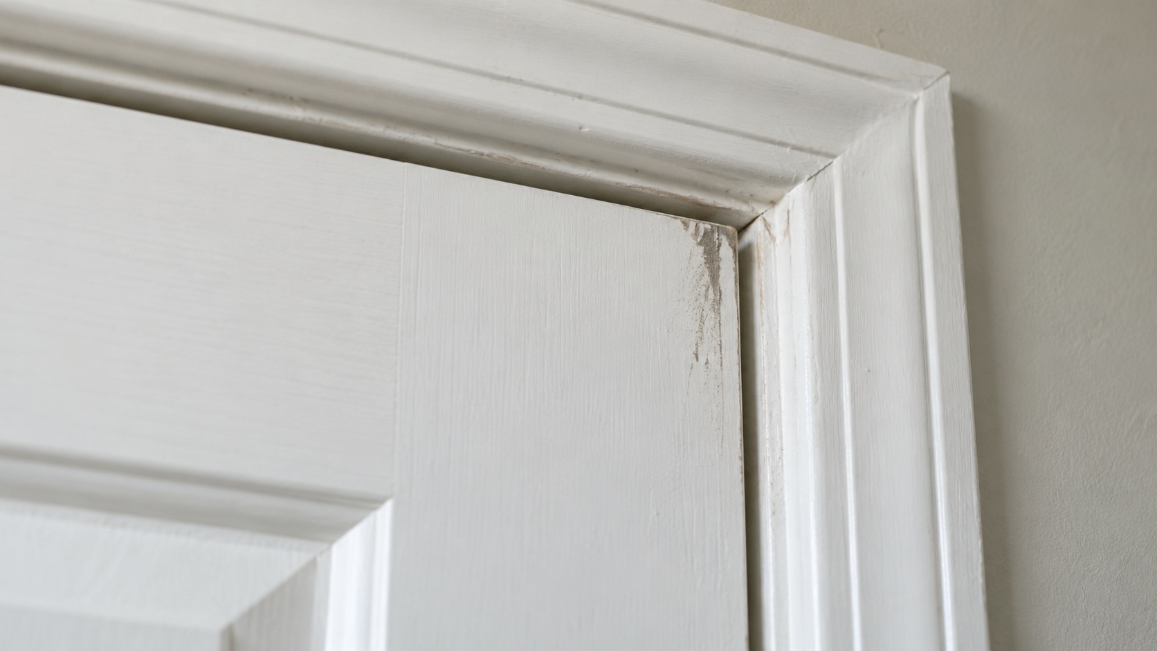 Revisión de los tornillos de una bisagra de puerta interior con la hoja sostenida y un destornillador manual