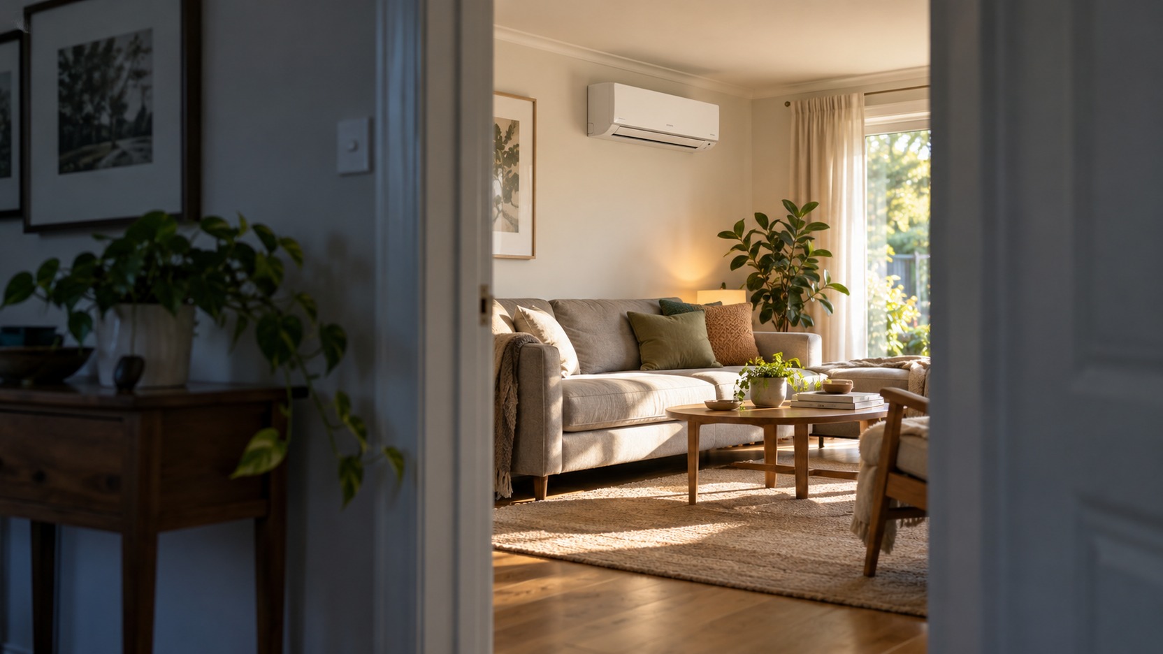 Dos habitaciones de una vivienda con distinto nivel de confort mientras la unidad de bomba de calor funciona en modo calefacción