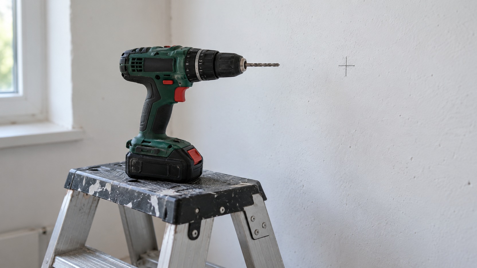 Broca centrada perpendicularmente sobre una pared con la herramienta apagada y la zona comprobada antes de perforar
