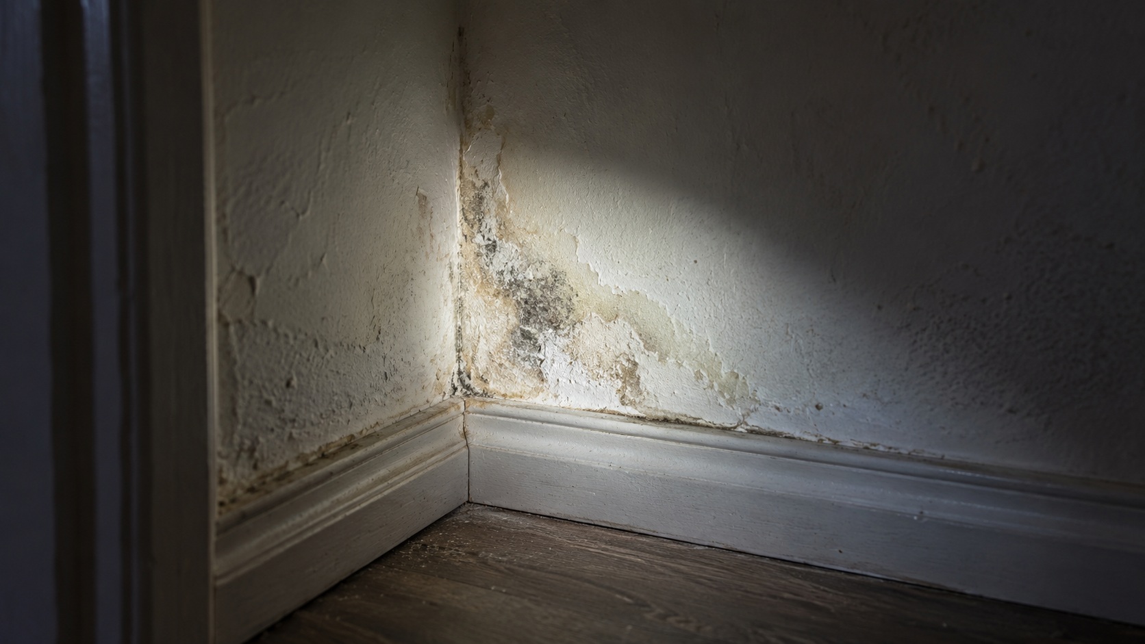 Inspección de manchas, rodapiés y zona bajo un fregadero para localizar agua antes de limpiar una vivienda con olor a humedad