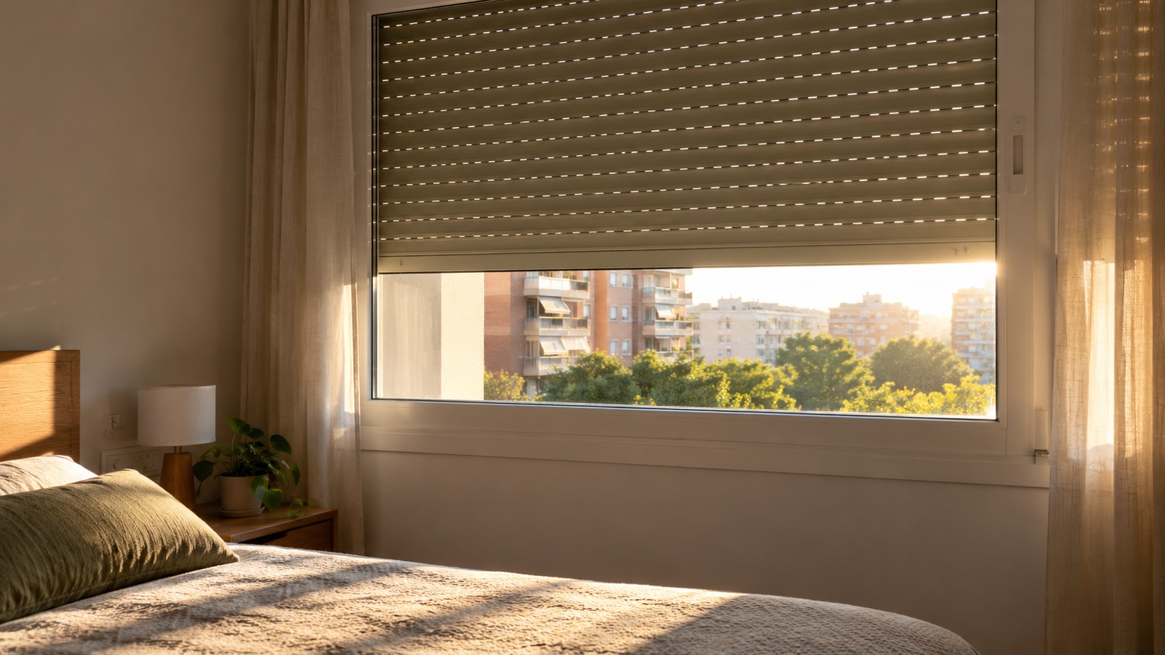 Habitación con sol directo entrando por una ventana y persiana bajada para reducir el calor que se acumula durante la tarde