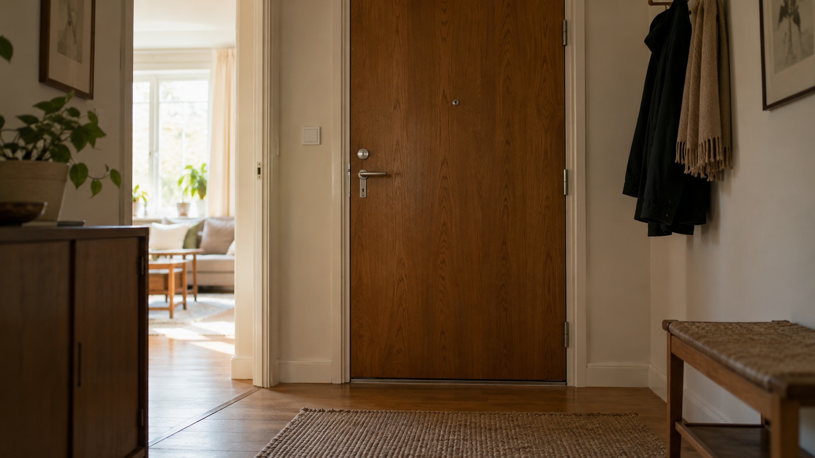 Vivienda recién abierta tras varios días cerrada, con revisión visual desde la entrada antes de tocar interruptores o aparatos