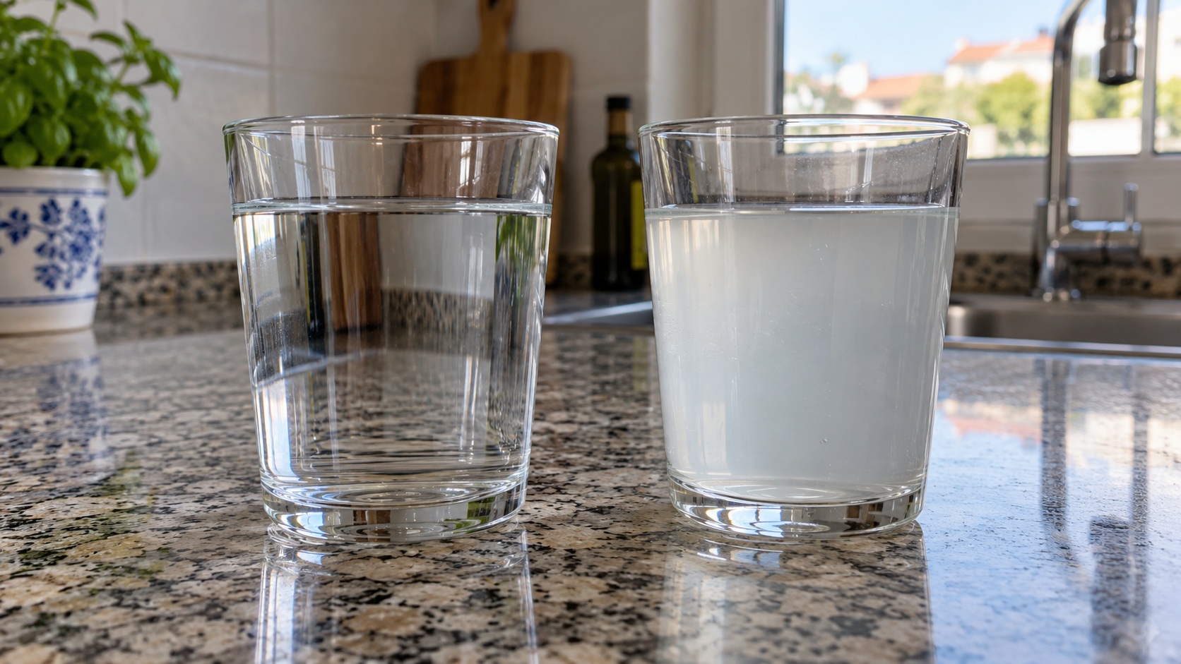 Comparación de muestras de agua fría de dos grifos distintos en vasos limpios para localizar si el cambio afecta a toda la vivienda