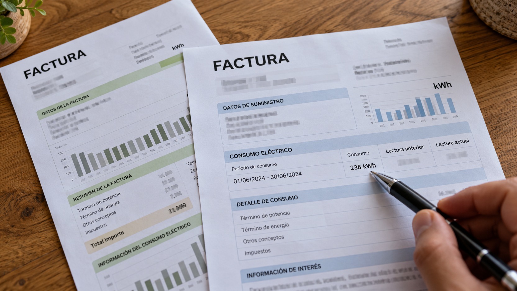Dos facturas de electricidad sobre una mesa con las fechas del periodo y el consumo en kWh señalados para comparar el gasto con calma