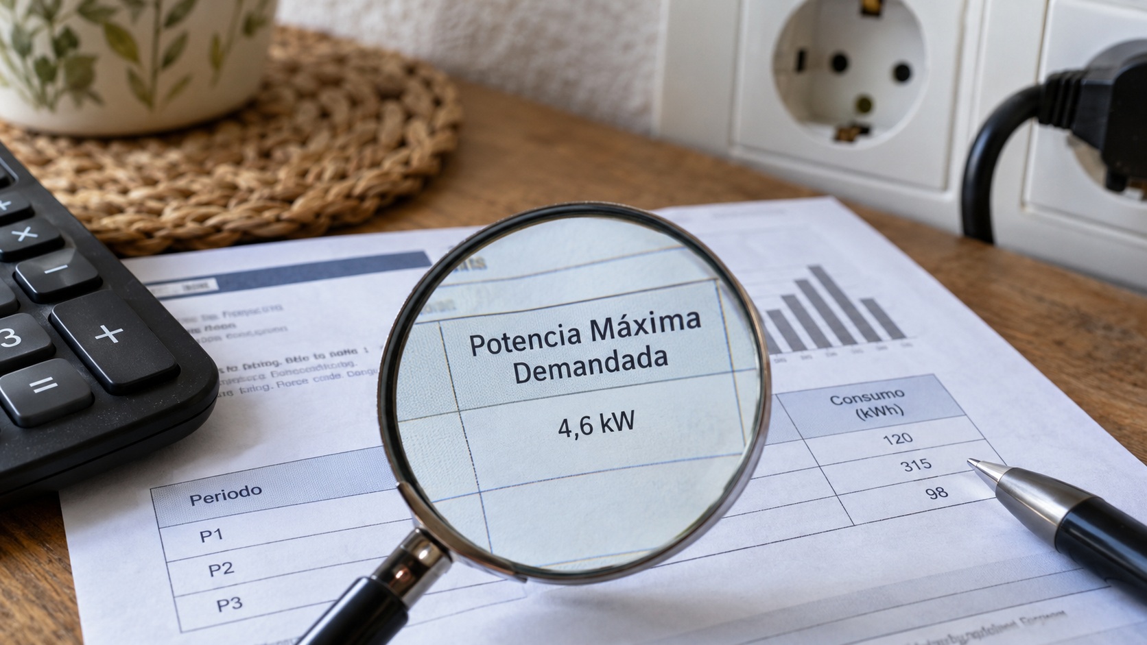 Factura eléctrica junto a una lista de electrodomésticos con sus horarios de uso, preparada para comparar la potencia contratada con la demanda máxima registrada