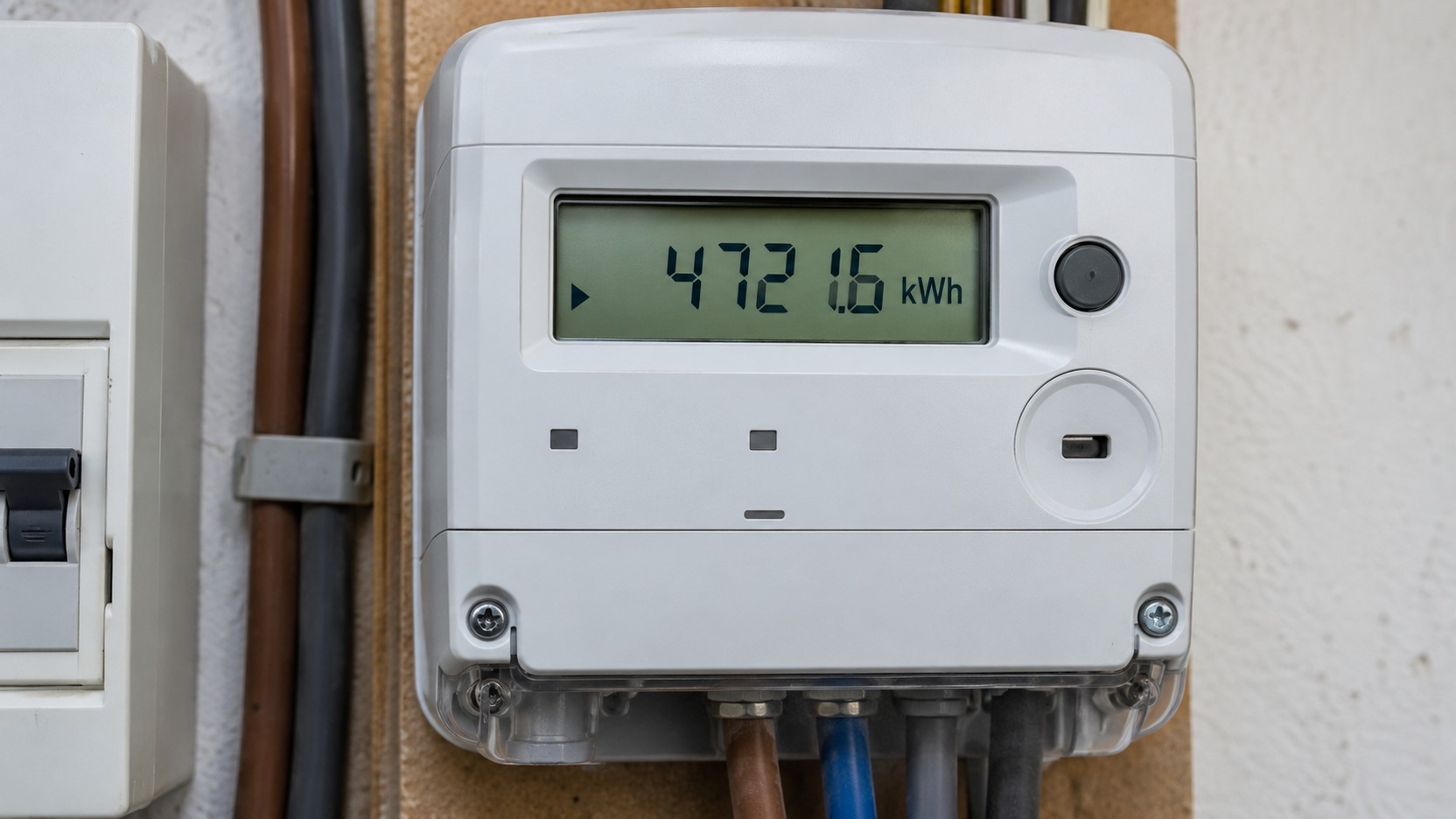 Contador eléctrico digital fotografiado de frente con su número de serie visible y sin mostrar datos personales del titular del suministro