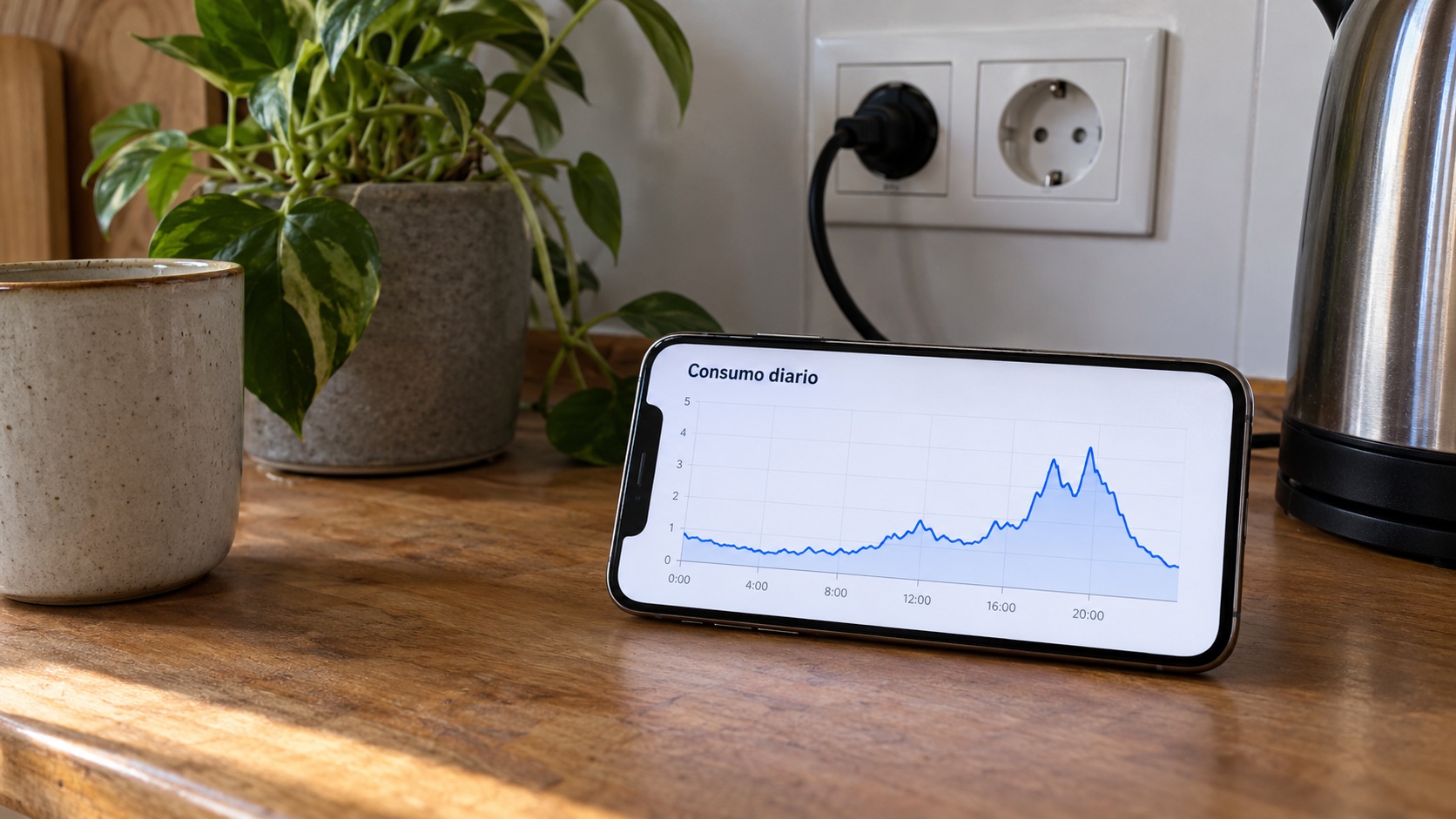 Curva horaria de consumo de una vivienda con lavadora y lavavajillas programados en distintos periodos, junto a una tabla de kWh contrastada con los datos de la distribuidora