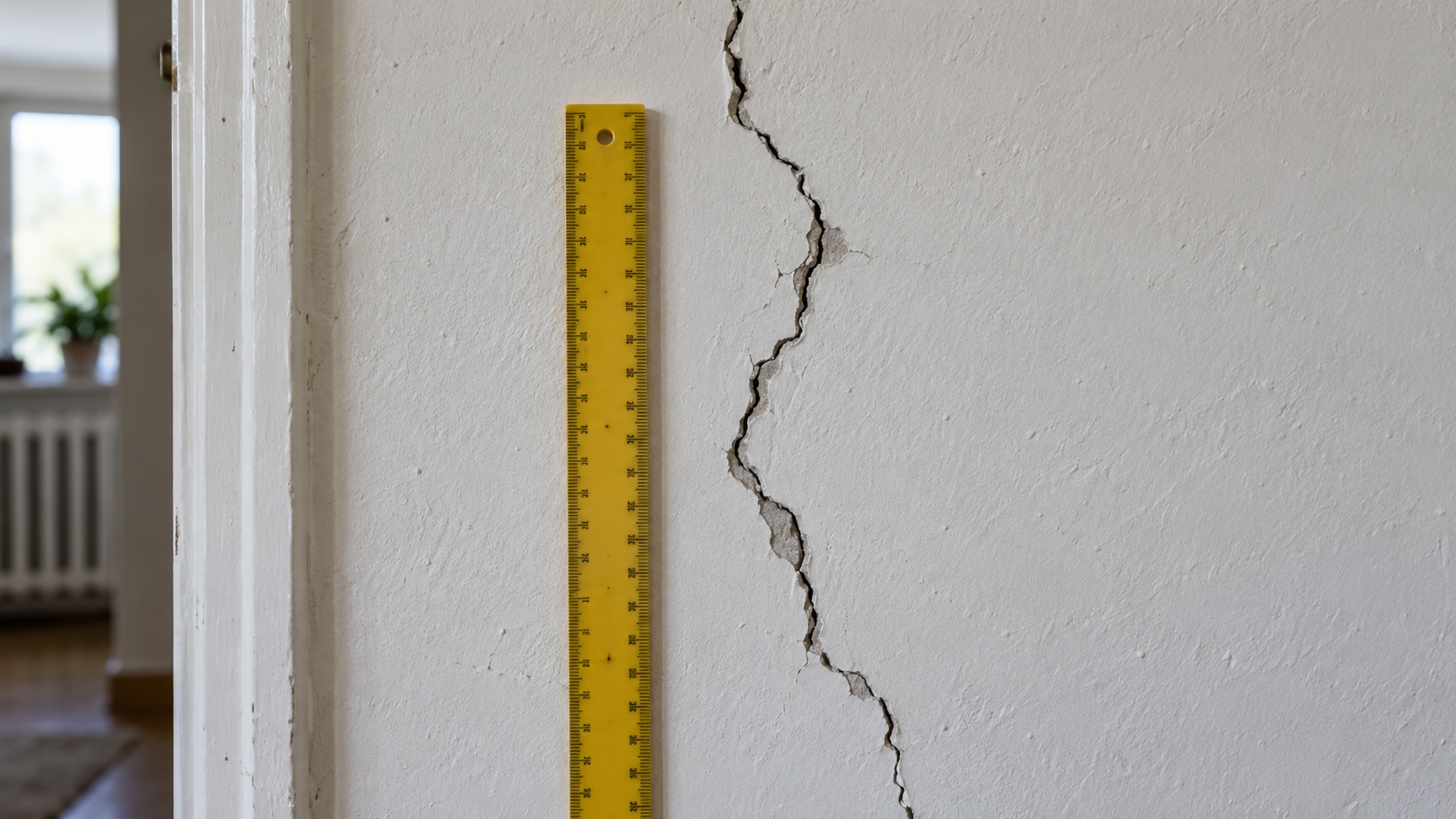 Fotografía fechada de una fisura en una pared con una regla colocada al lado sin presionar el revestimiento