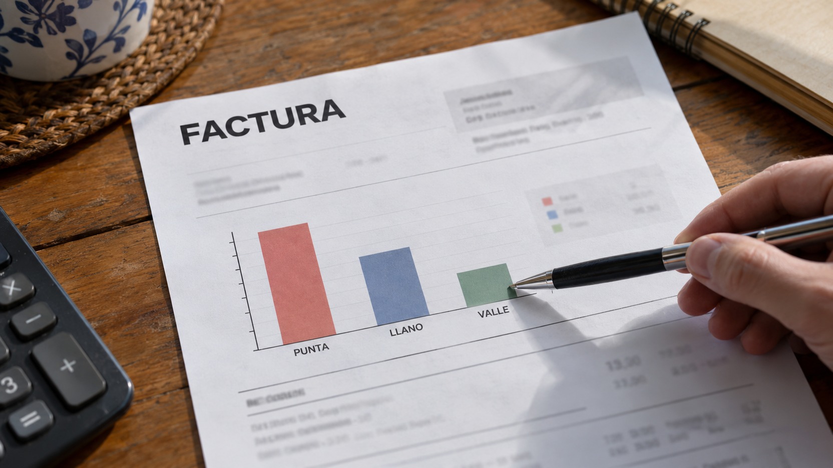 Factura eléctrica con los precios de energía por periodo y un calendario semanal de consumo doméstico marcado para distinguir hora valle, llana y punta