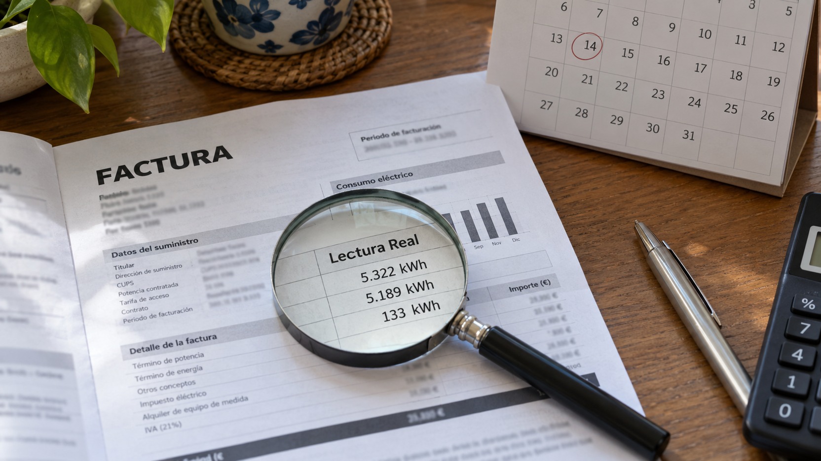 Recibo de electricidad abierto junto a un calendario donde se comparan las fechas de facturación y las lecturas indicadas como reales o estimadas