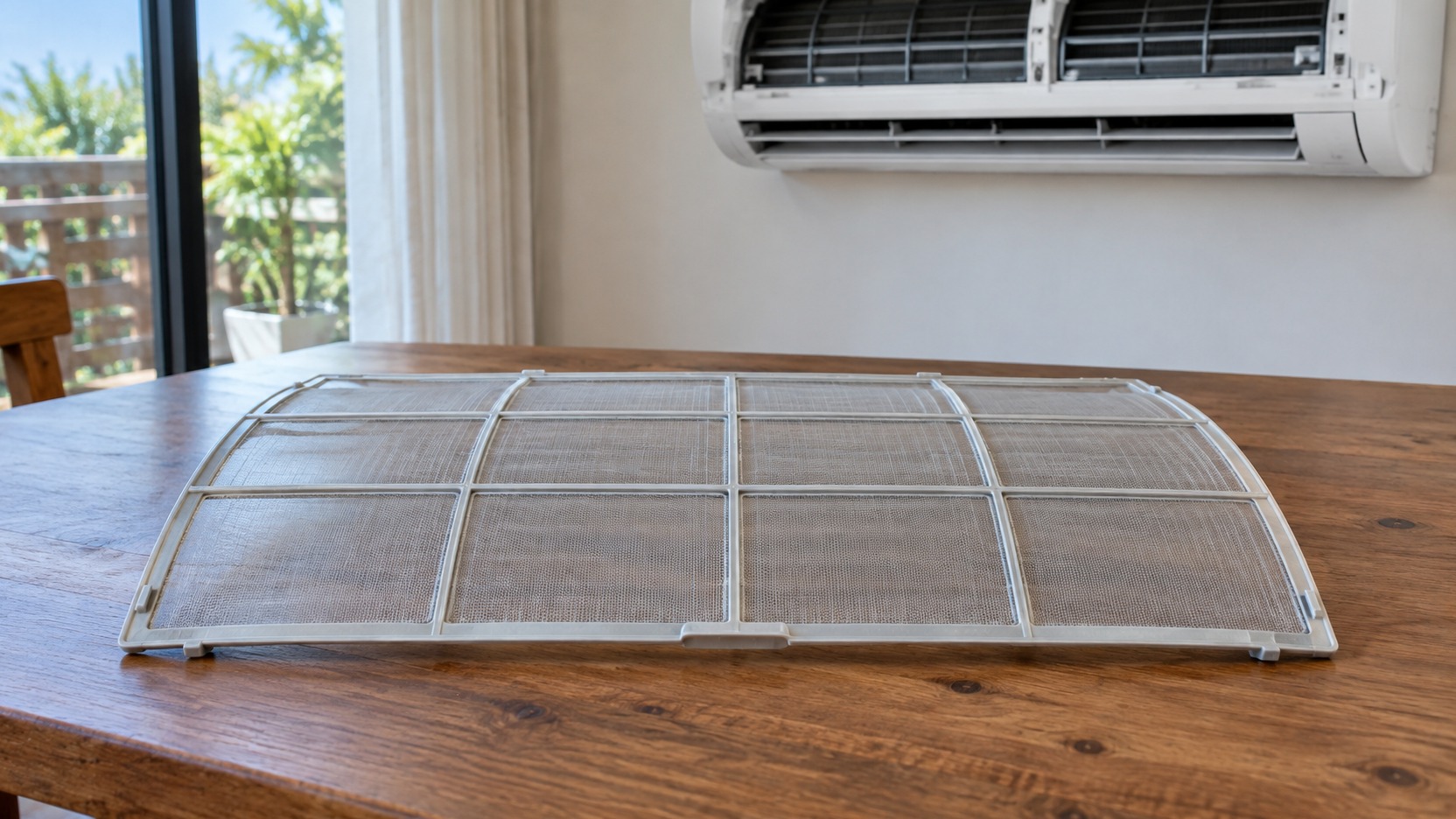 Filtro de aire acondicionado desmontable limpio y seco sobre una superficie limpia junto a las instrucciones del fabricante