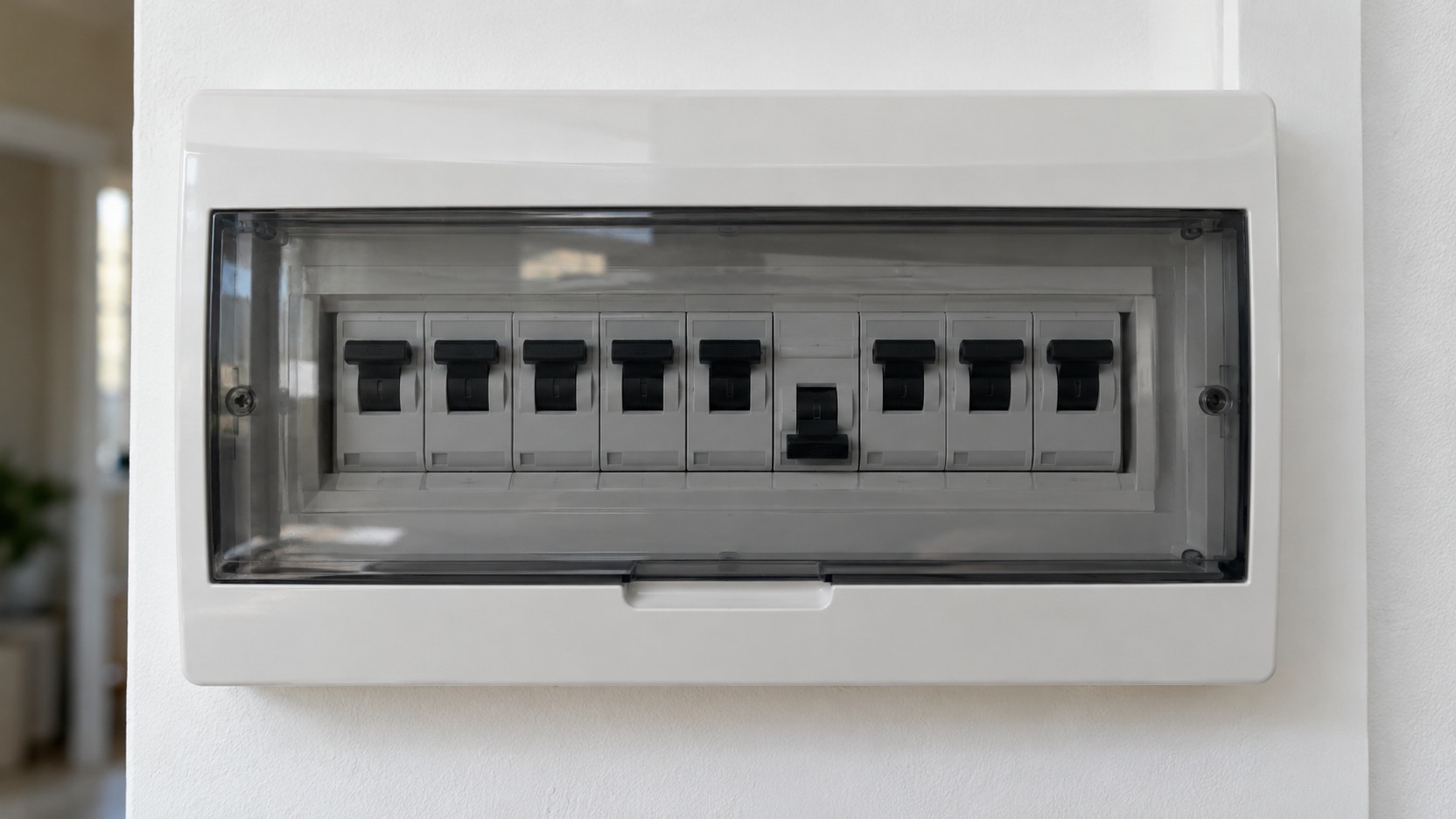 Cuadro eléctrico doméstico cerrado con una palanca bajada, observado a distancia sin retirar su tapa