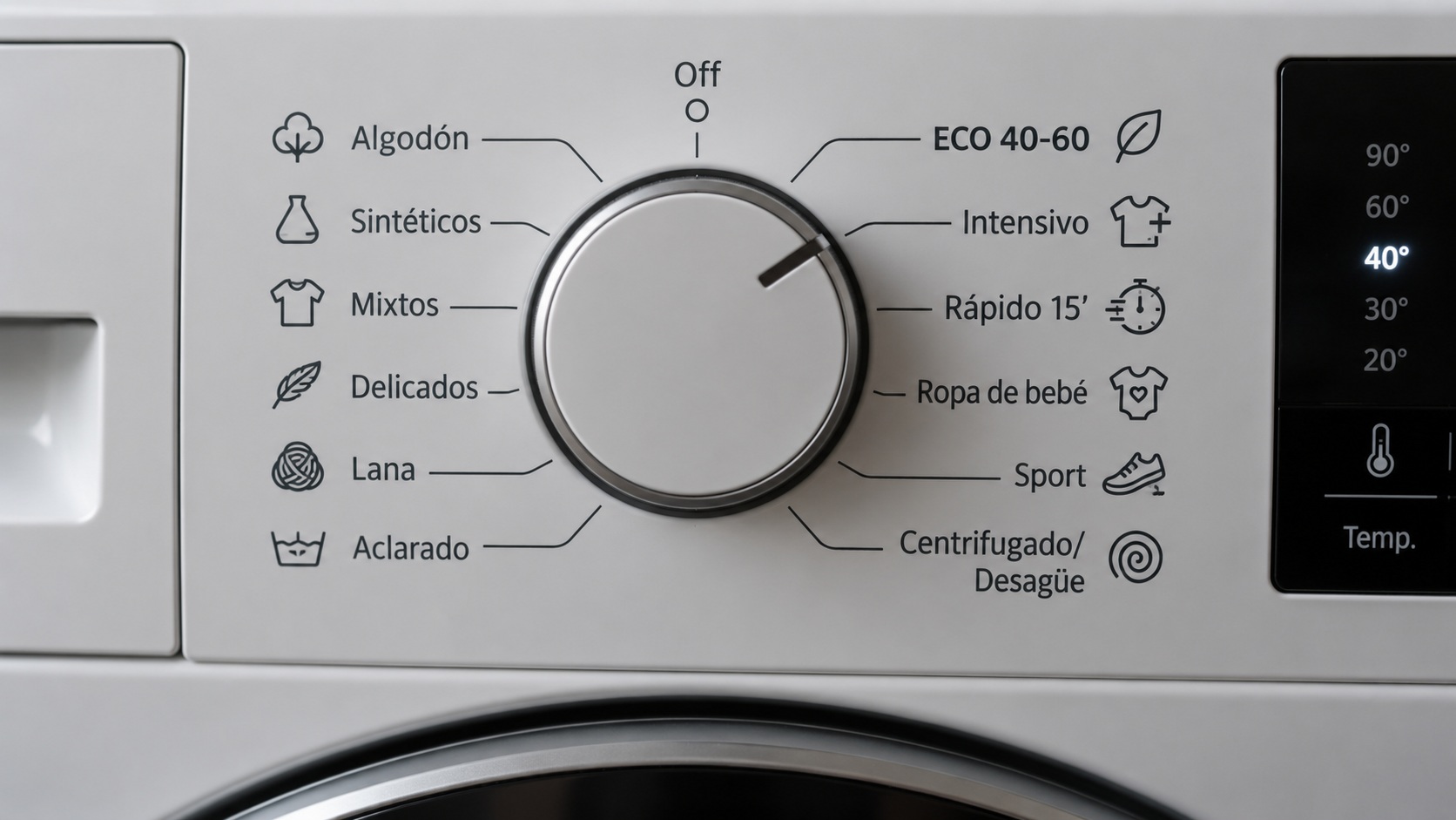 Panel de lavadora doméstica con el programa Eco seleccionado y duración prolongada visible, con la etiqueta energética del mismo modelo al lado para revisar agua y kWh