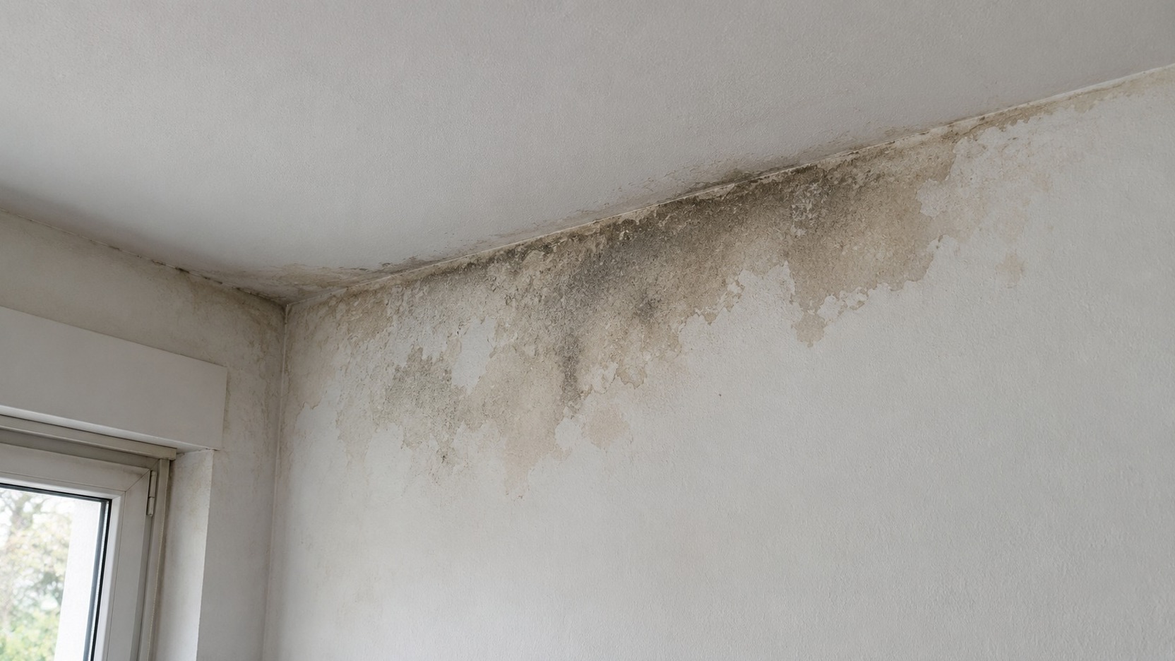 Mancha de humedad en una pared observada desde una distancia segura, sin tocar un enchufe cercano ni raspar la pintura