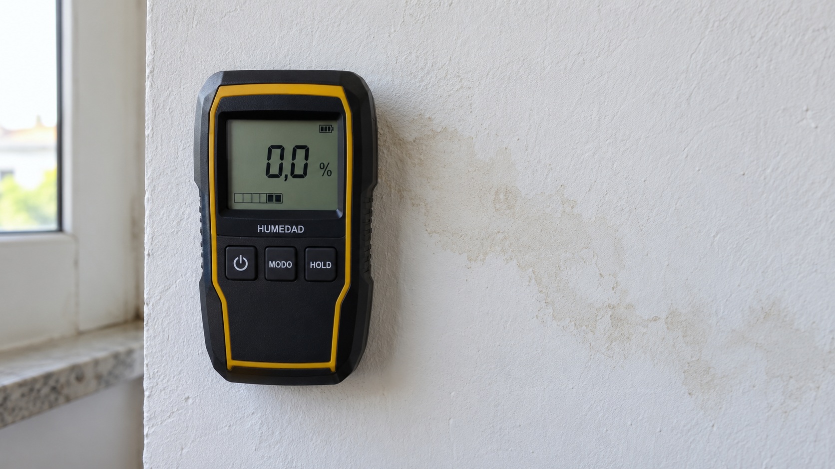 Mancha de humedad reaparecida junto a una lectura baja en un medidor superficial, sin perforar ni dañar el revestimiento