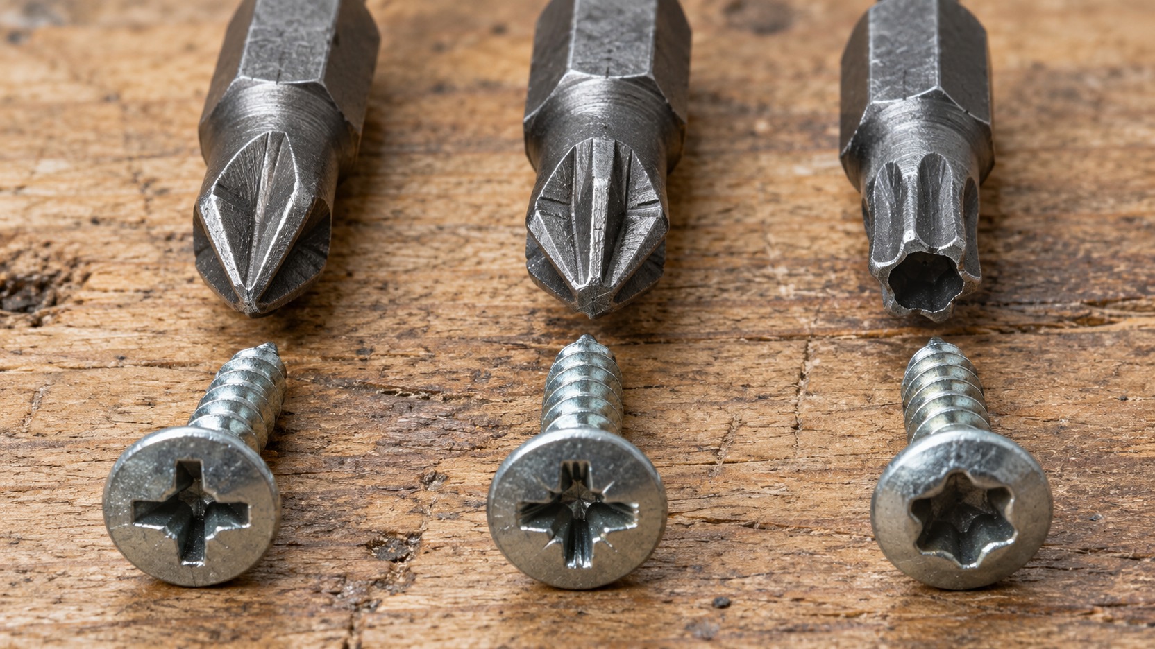 Comparación visual de puntas Phillips, Pozidriv y Torx junto a tornillos para elegir el perfil y tamaño correctos