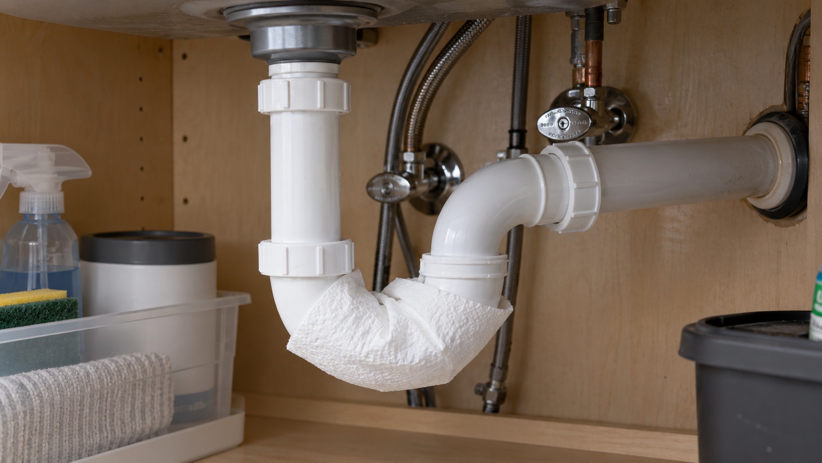 Papel absorbente colocado bajo el sifón y las conexiones del grifo para localizar el punto donde reaparece el agua
