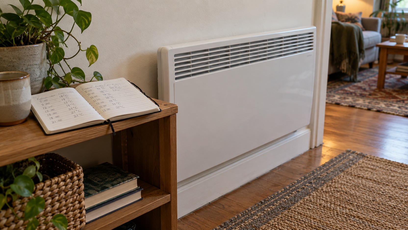 Radiador eléctrico de pared con salida de aire despejada y termostato visible, junto a una libreta con temperaturas y horarios de funcionamiento