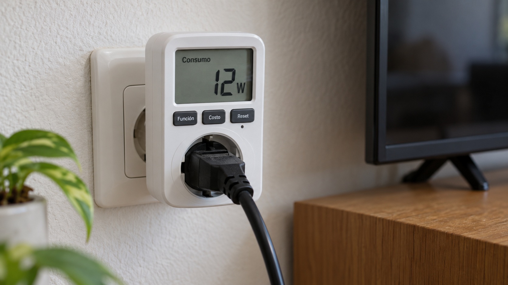 Persona anotando en una libreta los kWh acumulados del medidor de enchufe y la duración de la prueba junto a un router y una consola apagada