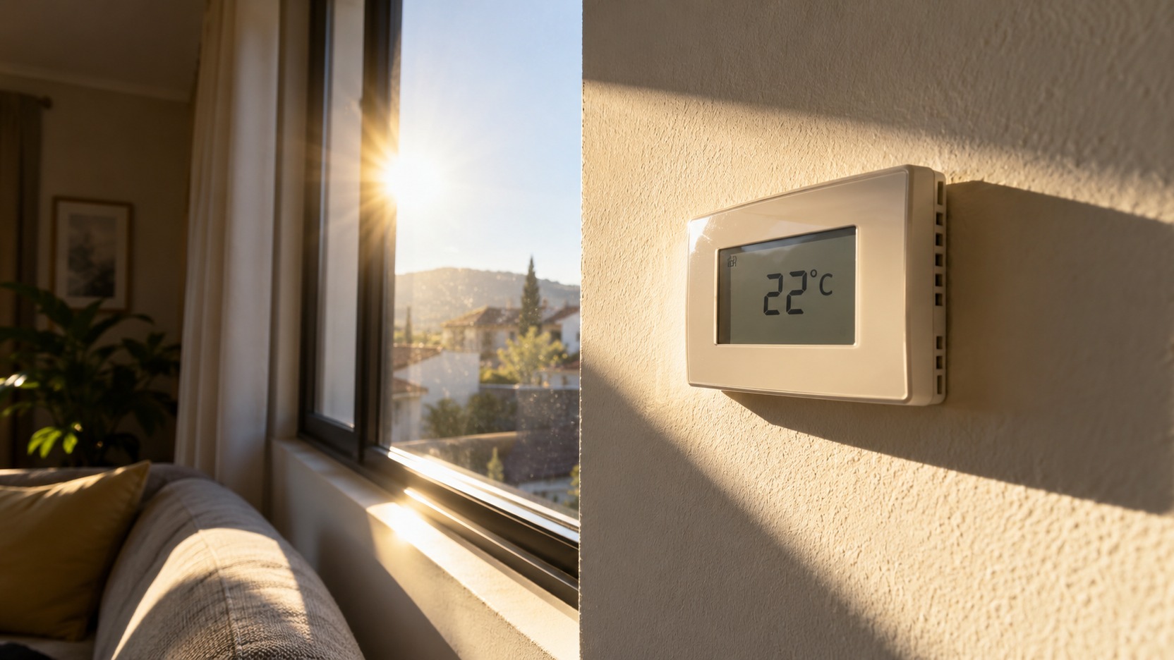 Termostato de pared cerca de una puerta con corriente de aire y una franja de sol que puede alterar la percepción de temperatura
