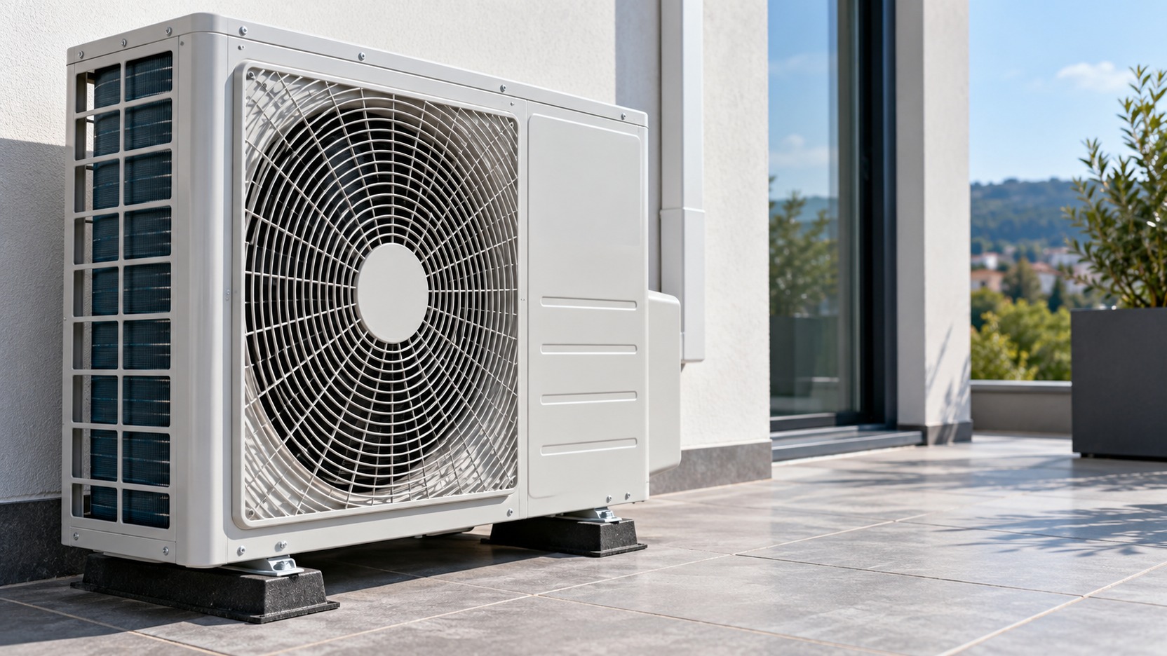 Unidad exterior de aire acondicionado con rejillas de ventilación libres de objetos y una persona comprobando la instalación desde una zona segura